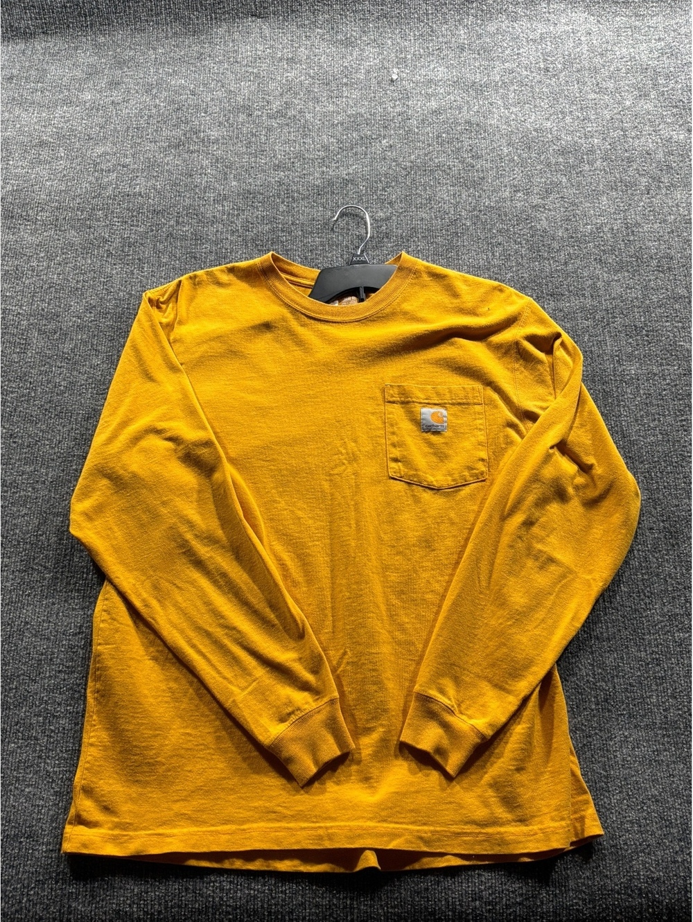 Carhartt Men's Long Sleeve Pocket T-Shirt Mustard Yellow small snag by shoulder